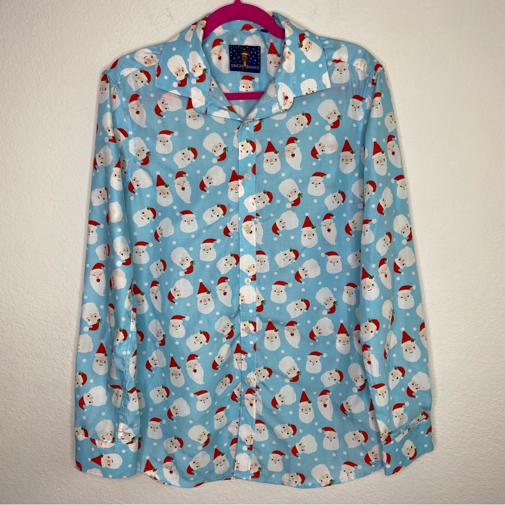 Simon Banks Baby Blue Santa Clause Print Men’s Button Down Shirt Size M